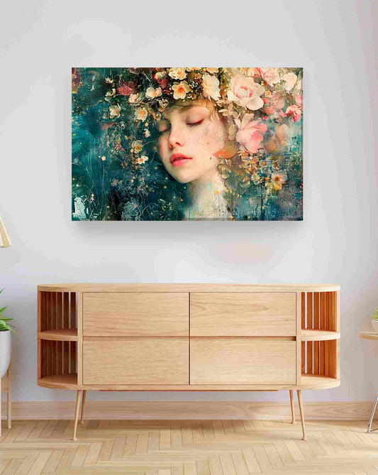 Mujer corona flores pastel
